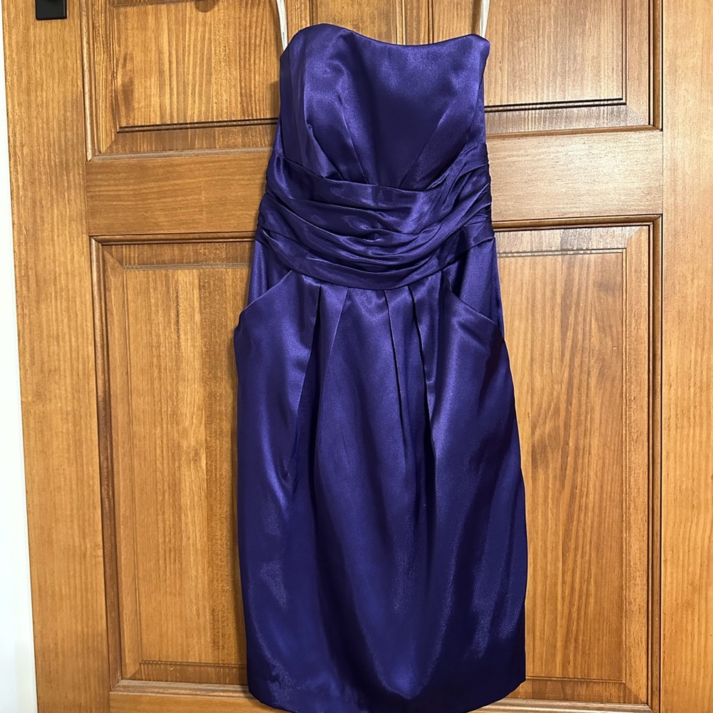 David's Bridal Purple Ruched Strapless Sheath Dress